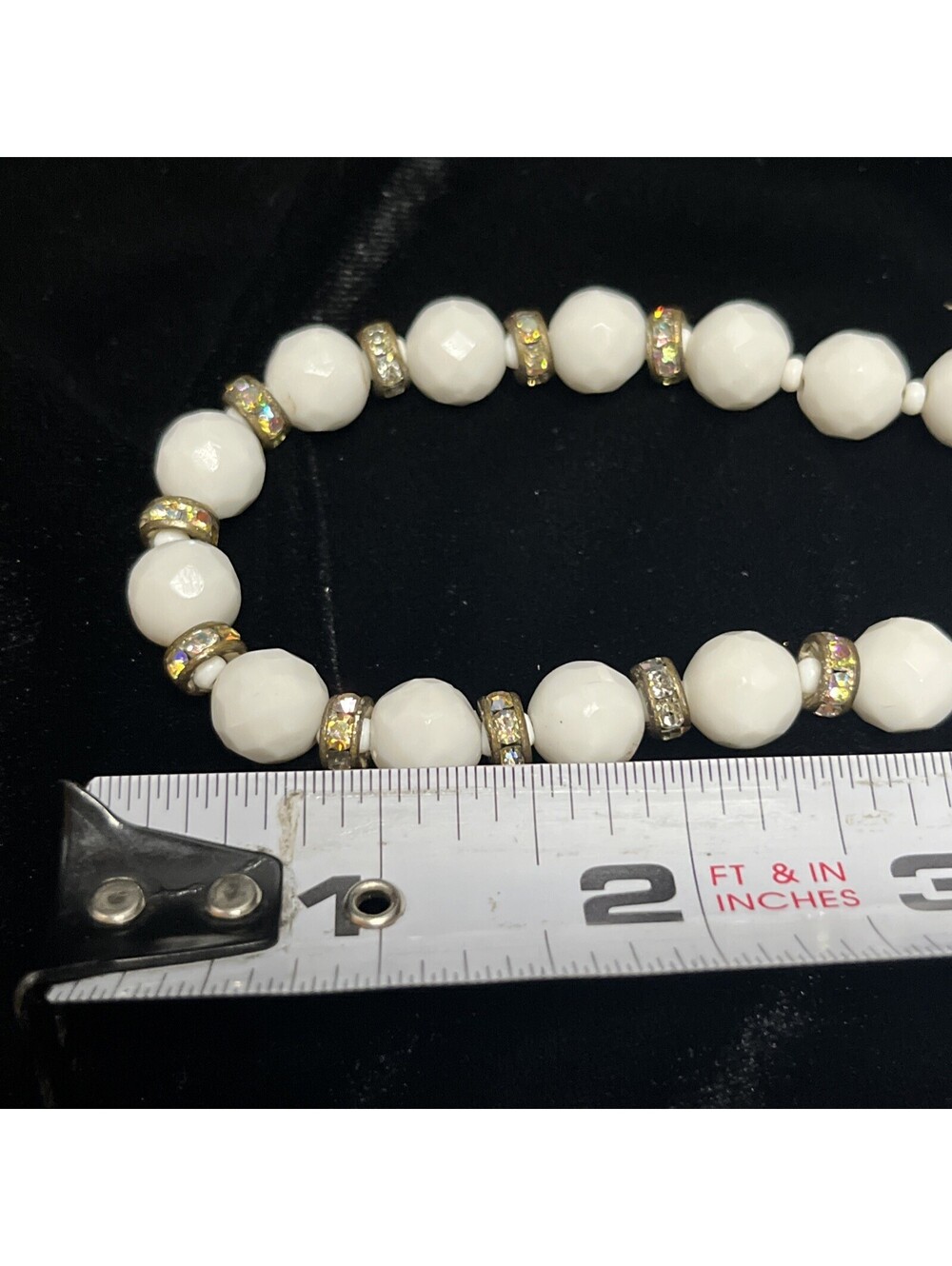 Vintage Art Deco Milk Glass Beads Rhinestone Spacers Choker Collar Necklace - Picture 7 of 7